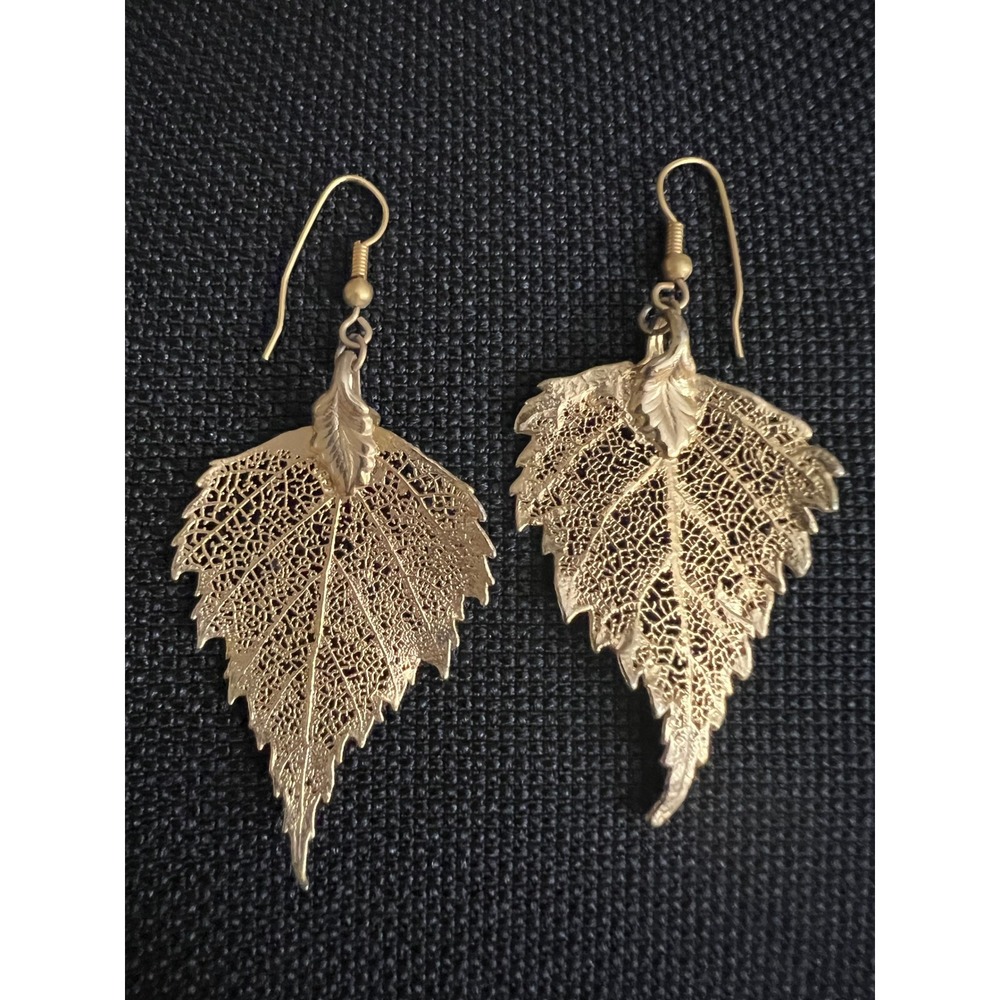 Gold Filigree Skeleton Leaf Dangle Earrings One Size Cottagecore